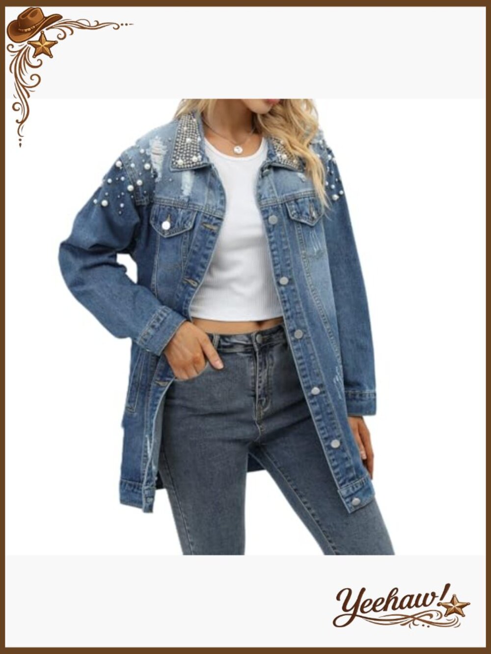 Long Sleeve Button Down Pearl Jean Jacket Boyfriend Denim Coat - Picture 3 of 7